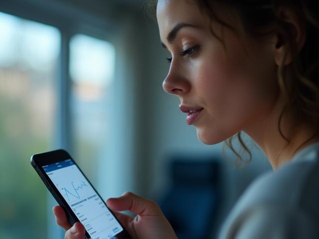 A person looking at a continuous glucose monitor (CGM) graph on a smartphone, indicating data analysis.