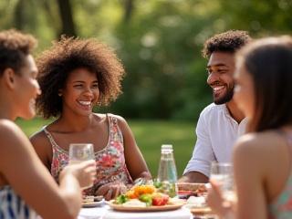 A group of friends enjoying a social gathering with healthy food and drink options, demonstrating how to navigate social events with diabetes.