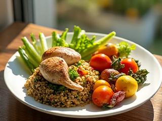 A vibrant plate of healthy food, showing a meal swap for better blood sugar control, such as quinoa instead of white rice.