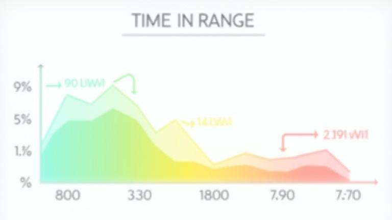 An infographic illustrating Time in Range (TIR) on a continuous glucose monitor showing a green zone for 'in range', yellow for 'high', and red for 'low'.