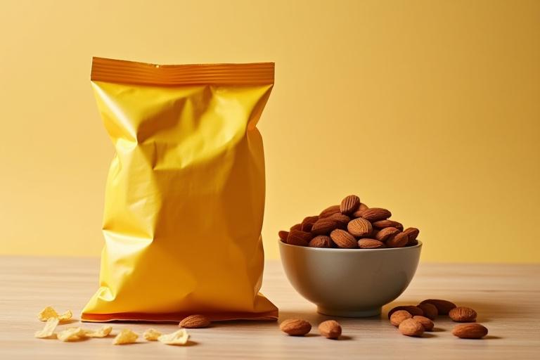Bag of potato chips next to a bowl of almonds. Represents a healthy snack choice.