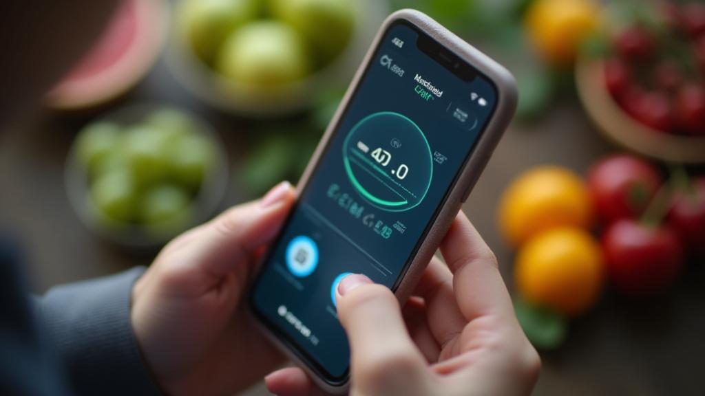 A person looking at a continuous glucose monitor (CGM) application on a smartphone, surrounded by fresh fruits and health data graphics, representing clarity and understanding.
