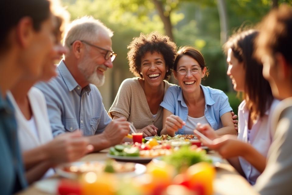 Diverse group of friends smiling and enjoying a social gathering with healthy food options