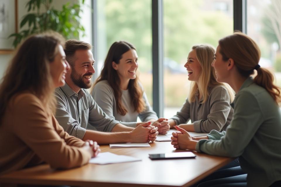 Diverse group of people actively discussing health and wellness in a bright, modern setting.