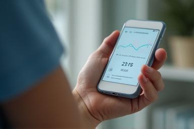 A continuous glucose monitor sensor on an arm, with data on a smartphone screen