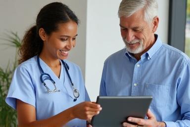 A healthcare professional consulting with a patient about diabetes management