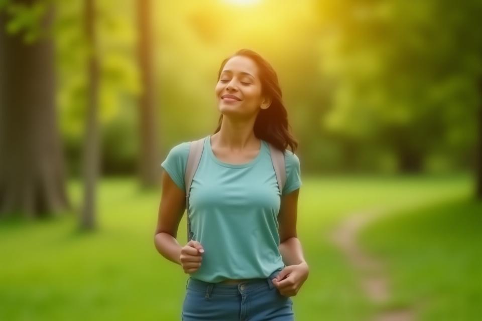 A person practicing mindful walking in a peaceful park setting