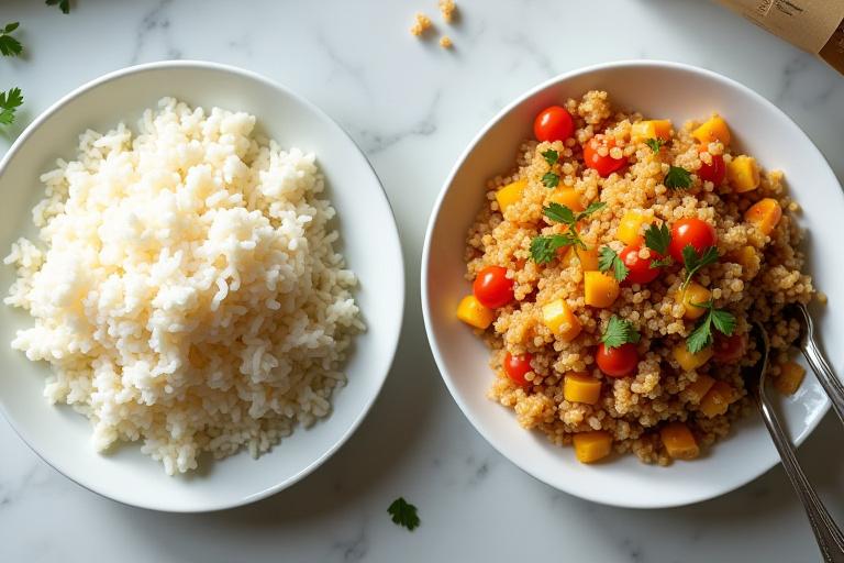 Plate of white rice next to a plate of quinoa and cauliflower rice. Illustrates a healthy food swap.