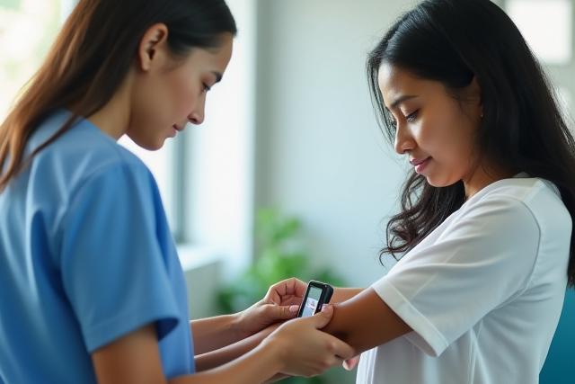 Woman learning to use a continuous glucose monitor (CGM) at a workshop.