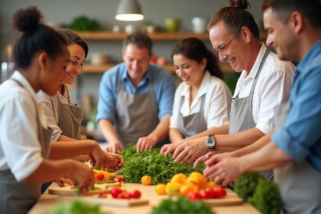 Diverse group of people in a healthy cooking class, preparing fresh vegetables.