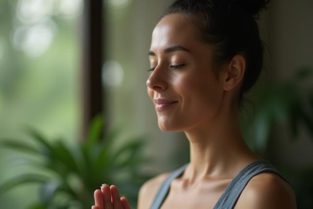 Person meditating in a calm, natural setting, symbolizing stress reduction.